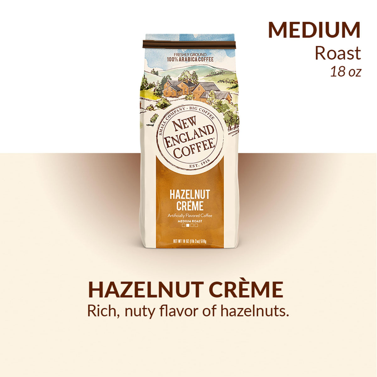 New England Coffee Hazelnut Creme front label showcases premium blend for everyday enjoyment
