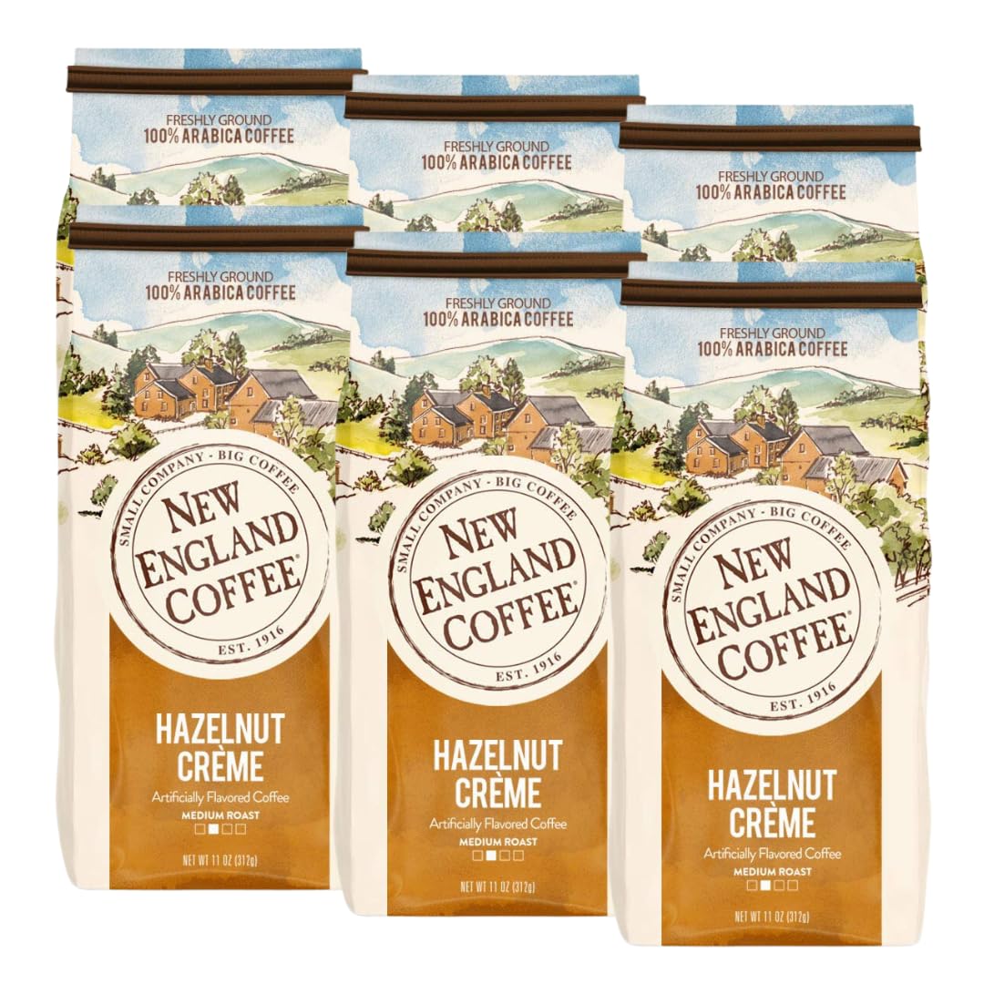 New England Coffee Hazelnut Creme pack highlighting premium medium roast for mornings