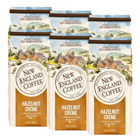 New England Coffee Hazelnut Creme pack highlighting premium medium roast for mornings