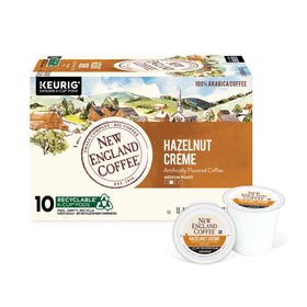 New England Coffee Hazelnut Creme pod box showcases convenient single-serve flavor for busy mornings.