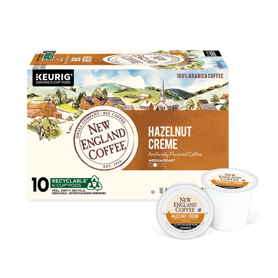 New England Coffee Hazelnut Creme pod box showcases convenient single-serve flavor for busy mornings.
