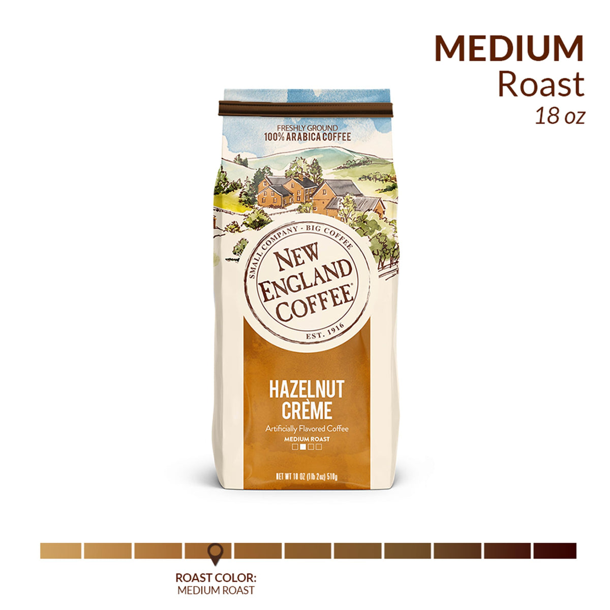 New England Coffee Hazelnut Creme steaming cup highlights nutty flavor for afternoon pick-me-up