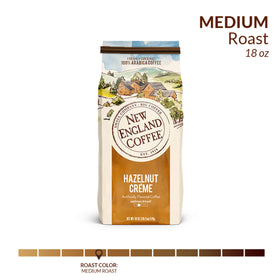 New England Coffee Hazelnut Creme steaming cup highlights nutty flavor for afternoon pick-me-up