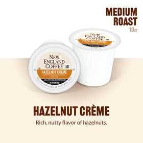 New England Coffee mug with pods illustrates quick brewing and consistent flavor in seconds.