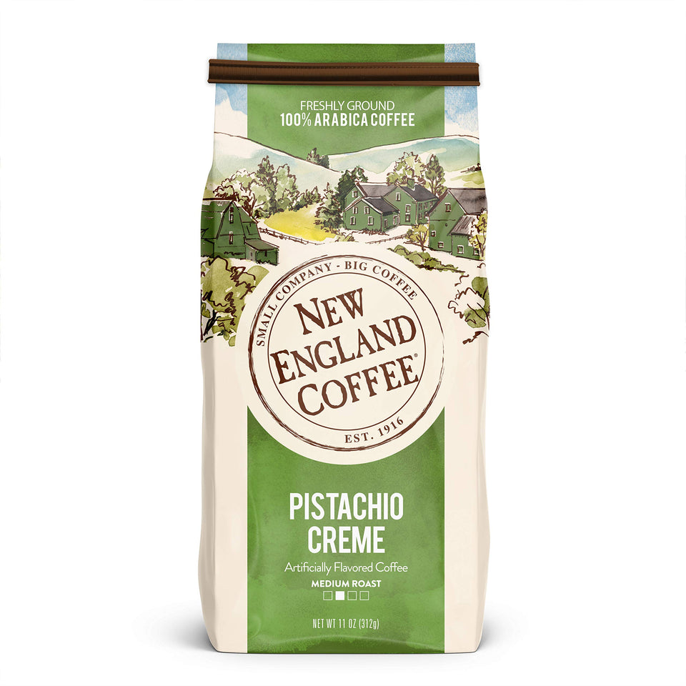 New England Coffee Pistachio Crème bag showing premium packaging and fresh flavor potential