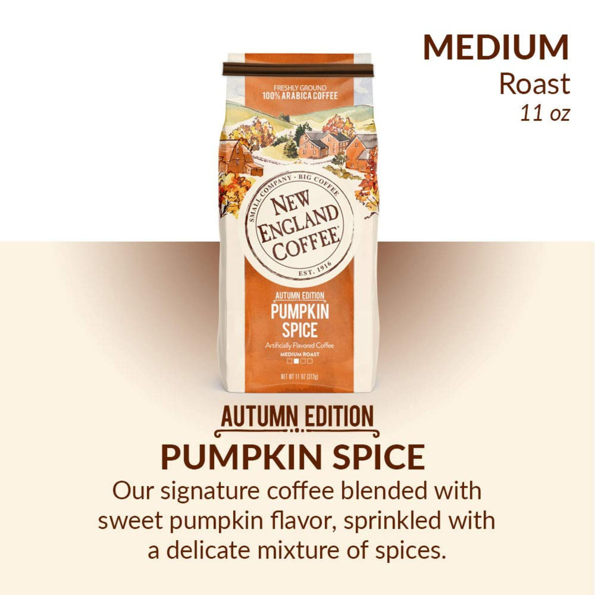 New England Coffee pumpkin spice brew in a mug, inviting autumn comfort.