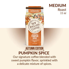New England Coffee pumpkin spice brew in a mug, inviting autumn comfort.
