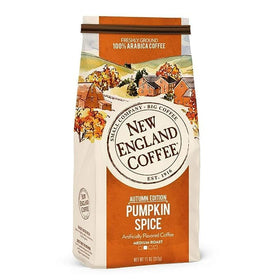 New England Coffee pumpkin spice ground coffee bag highlighting 100% Arabica richness.