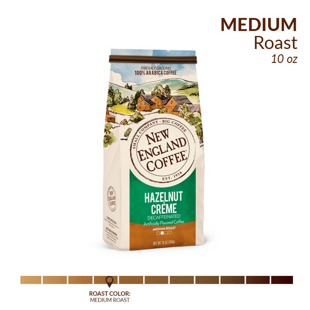 New England Hazelnut Creme Decaf coffee beans convey premium Arabica quality for balanced flavor.