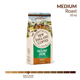 New England Hazelnut Creme Decaf coffee beans convey premium Arabica quality for balanced flavor.