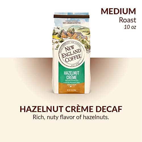 New England Hazelnut Creme Decaf ground coffee 10oz bag highlights smooth, nutty aroma ready for morning brew.
