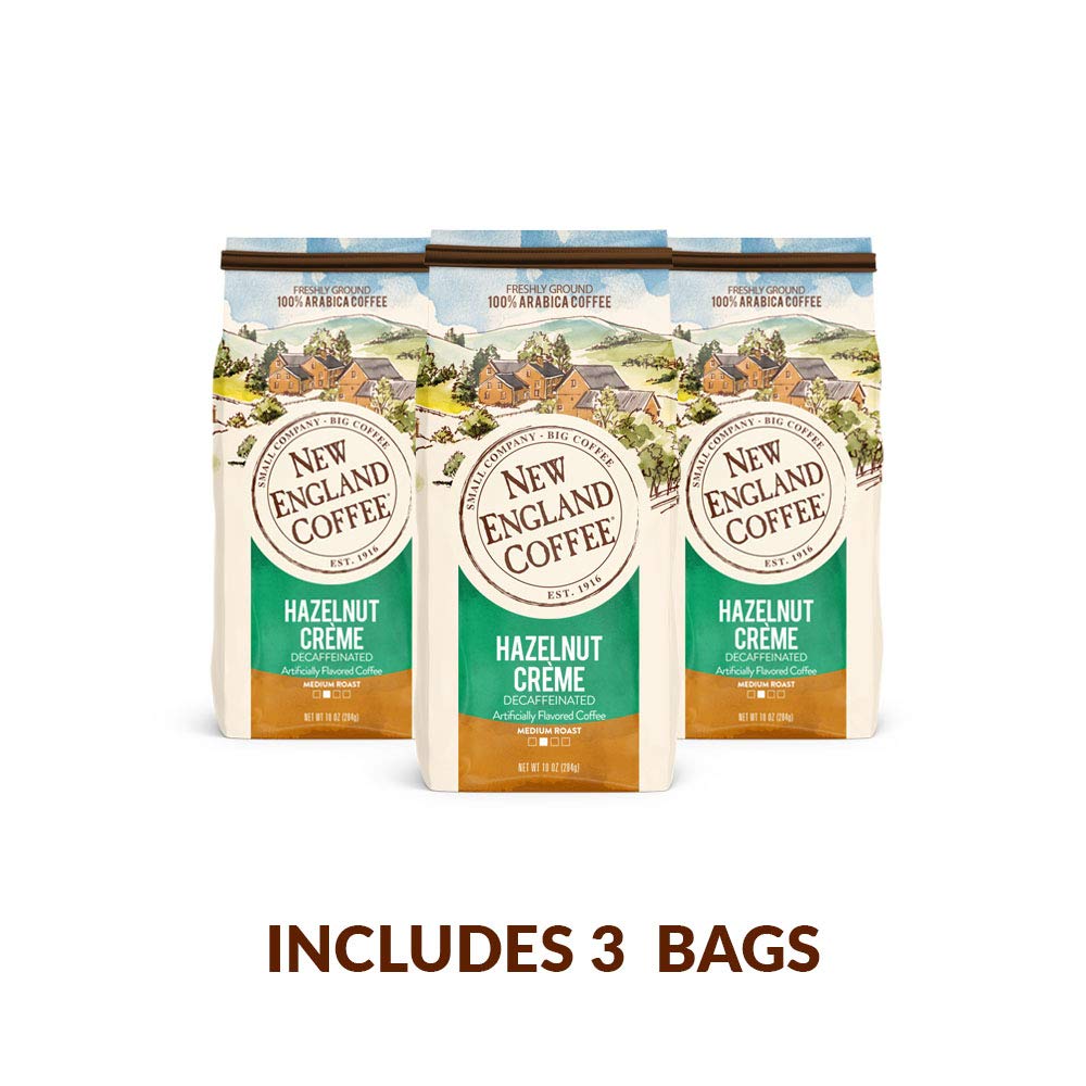 New England Hazelnut Creme Decaf sustainable cup highlights environmental initiative.