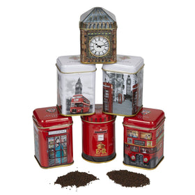 New English Teas gift set display image highlights six tins, ideal for gifting and shelves.