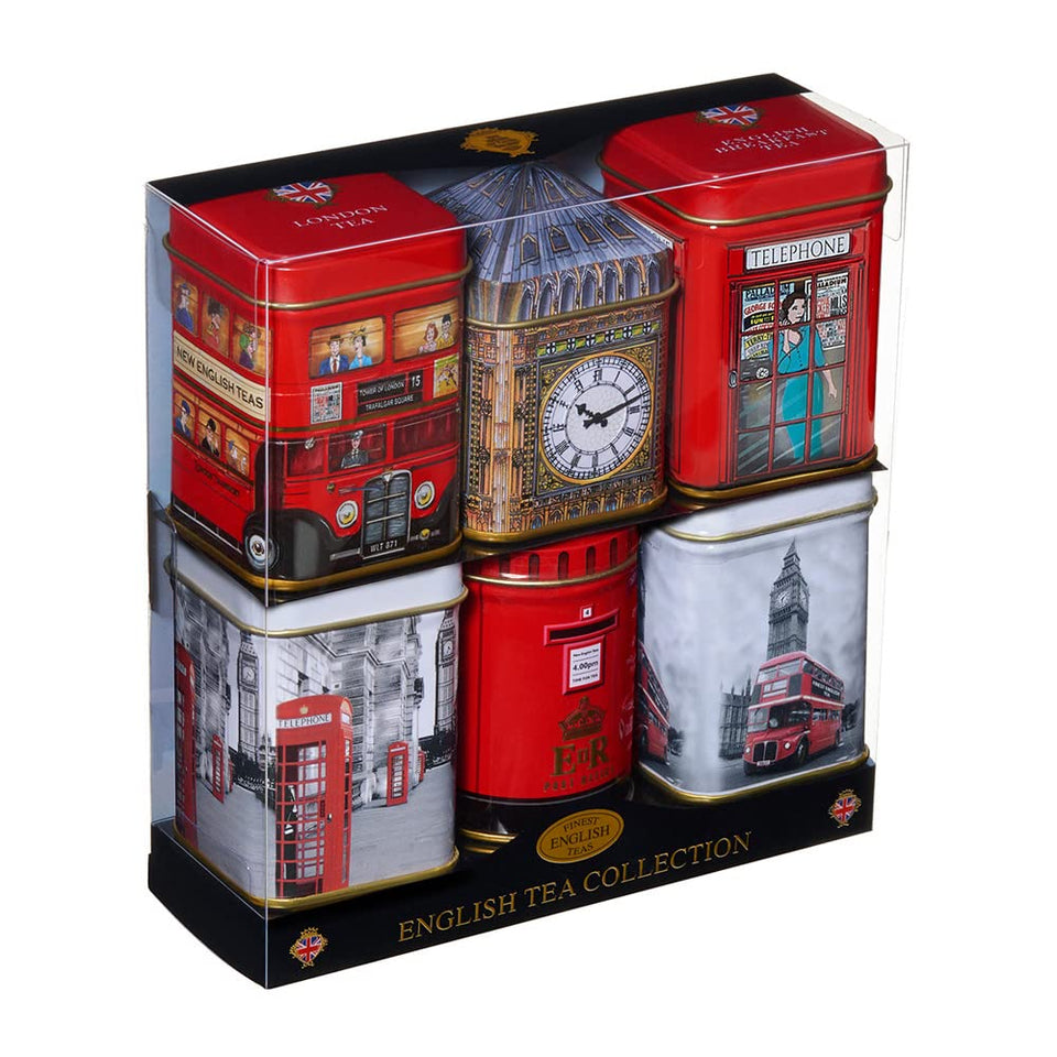 New English Teas red bus tin with London scene, ideal for display and brewing a comforting cup.
