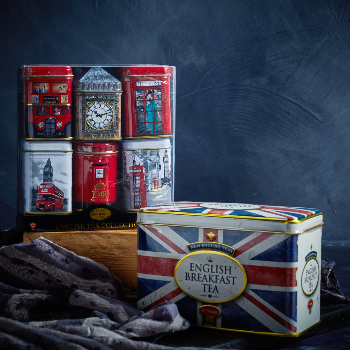 New English Teas telephone box tin celebrates British design, ideal for display and flavorful brews.