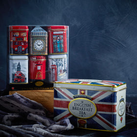 New English Teas telephone box tin celebrates British design, ideal for display and flavorful brews.