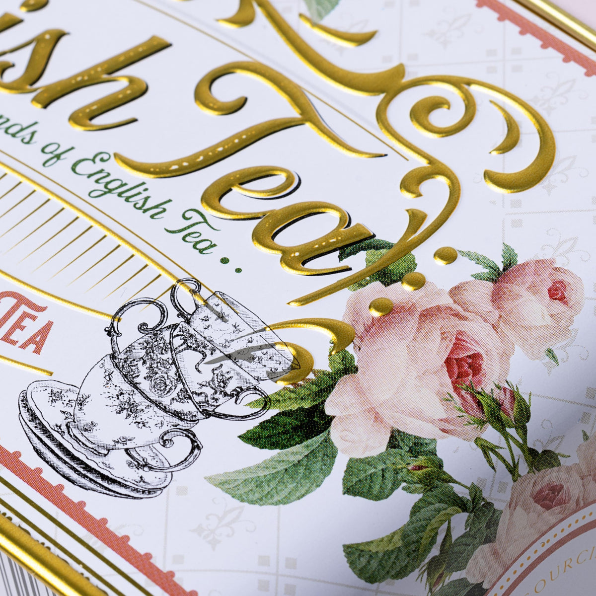 New English Teas English Rose Tea Tin beside a steaming cup ready to brew.