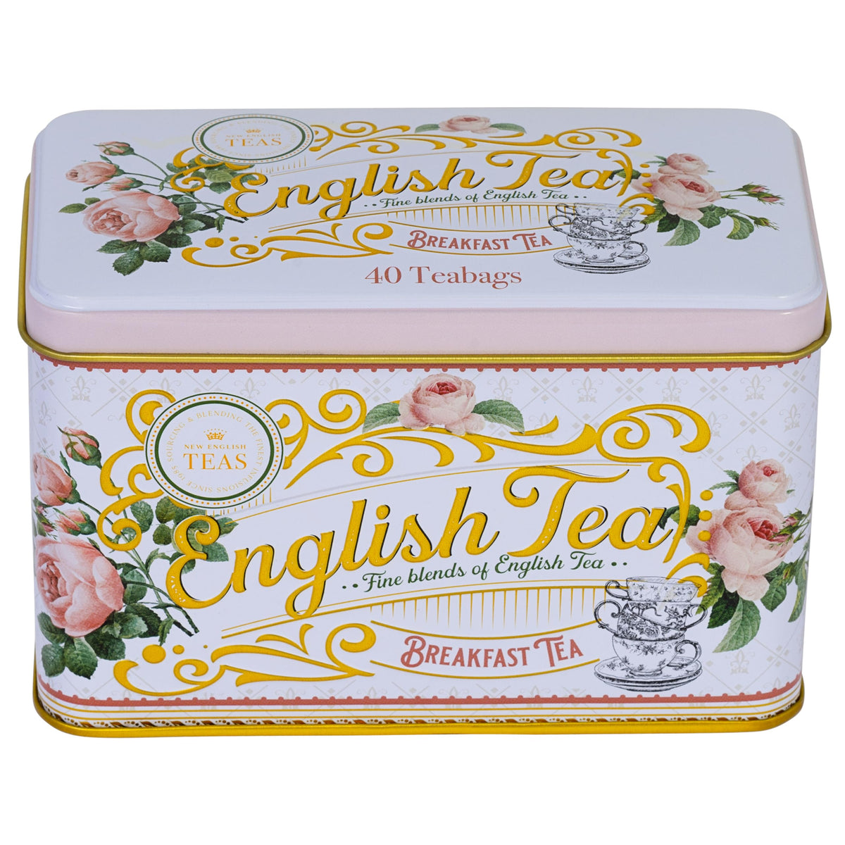 New English Teas cup with leaves and rose design complements a refined ritual.
