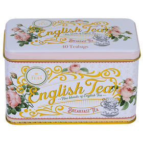 New English Teas cup with leaves and rose design complements a refined ritual.