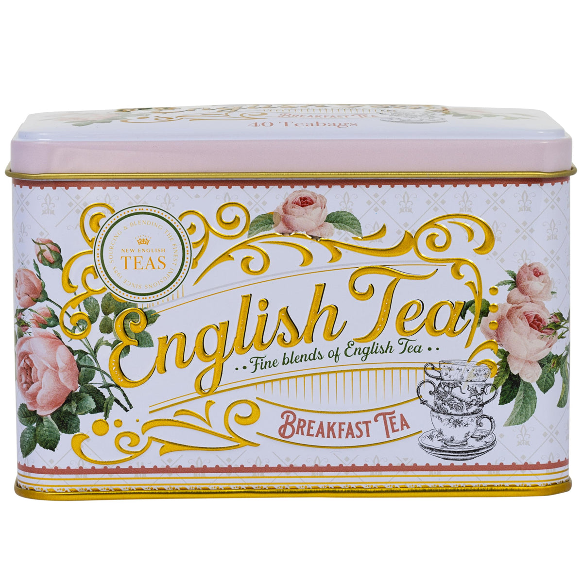 New English Teas English Rose Tea Tin front view with elegant rose artwork.