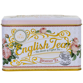 New English Teas English Rose Tea Tin front view with elegant rose artwork.
