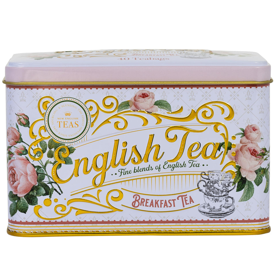 New English Teas English Rose Tea Tin front view with elegant rose artwork.