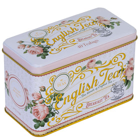 New English Teas English Rose Tea Tin side view highlighting the label.