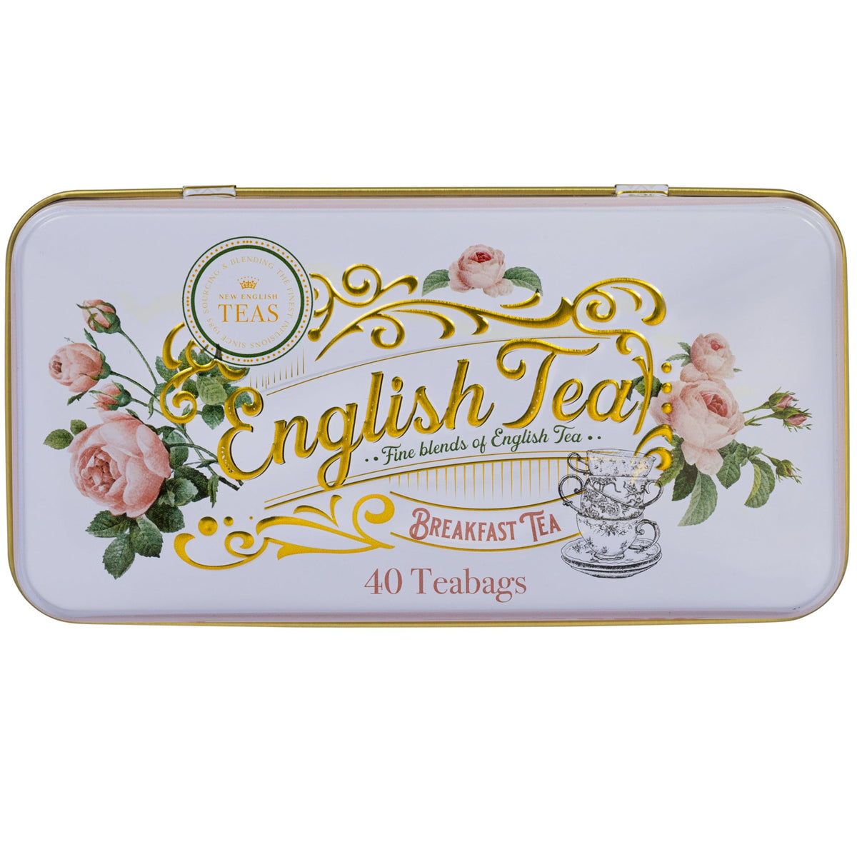 New English Teas English Rose Tea Tin shows 40 English Breakfast teabags.