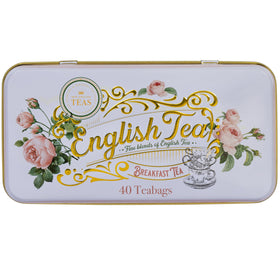 New English Teas English Rose Tea Tin shows 40 English Breakfast teabags.