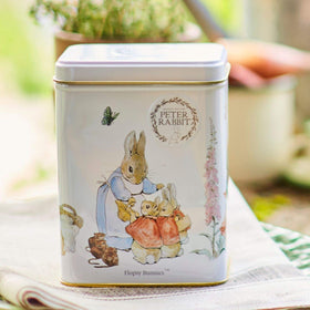 New English Teas Flopsy Bunnies tin with cozy illustration, perfect for gifting tea lovers.