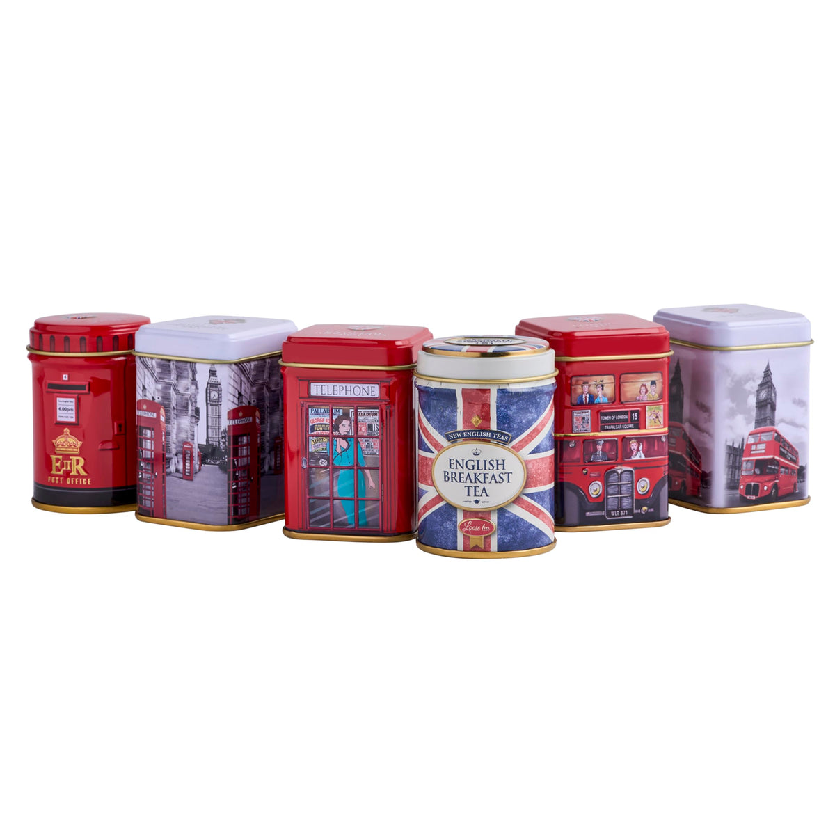 New English Teas gift pack display, shows all six iconic tins together.