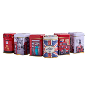 New English Teas gift pack display, shows all six iconic tins together.