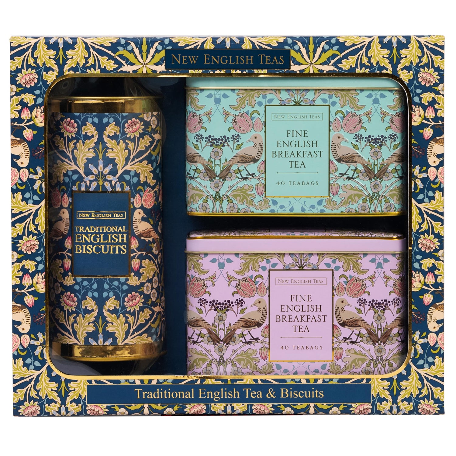 New English Teas gift set box front showcasing elegant botanical design; ideal gift.
