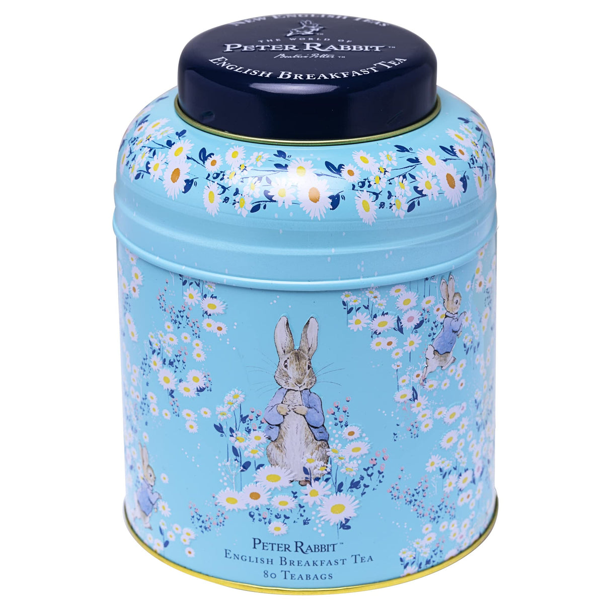 New English Teas Peter Rabbit daisies round tea caddy with collectible Easter design.