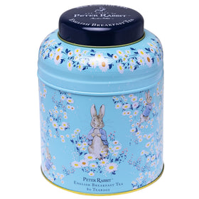 New English Teas Peter Rabbit daisies round tea caddy with collectible Easter design.