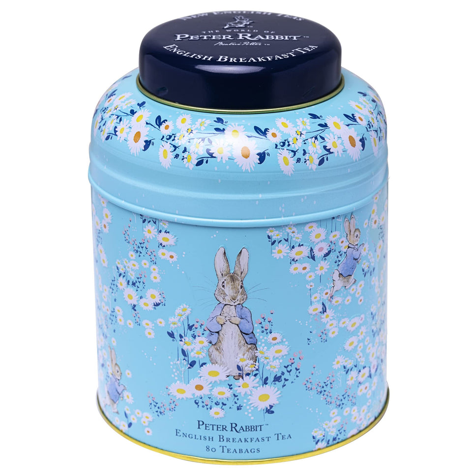 New English Teas Peter Rabbit daisies round tea caddy with collectible Easter design.