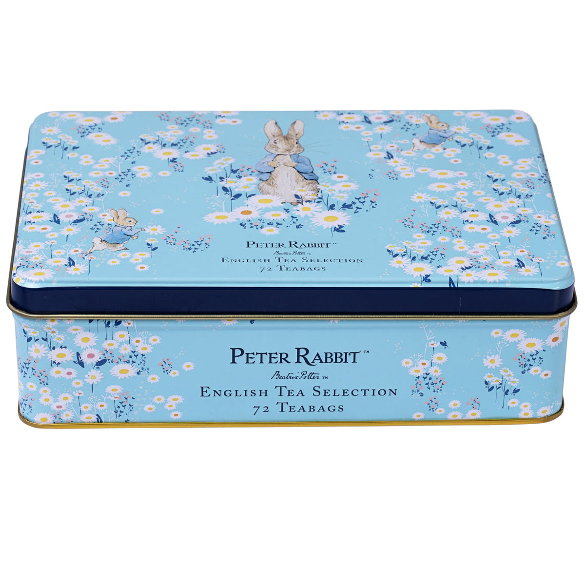 New English Teas Peter Rabbit Daisies teabags inside tin, charming kitchen display.