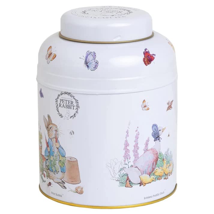 New English Teas Peter Rabbit illustrations on tin, whimsical pantry accent