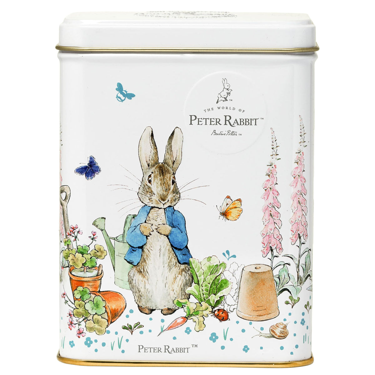 New English Teas Peter Rabbit Tea Tin artwork showcases Beatrix Potter charm.