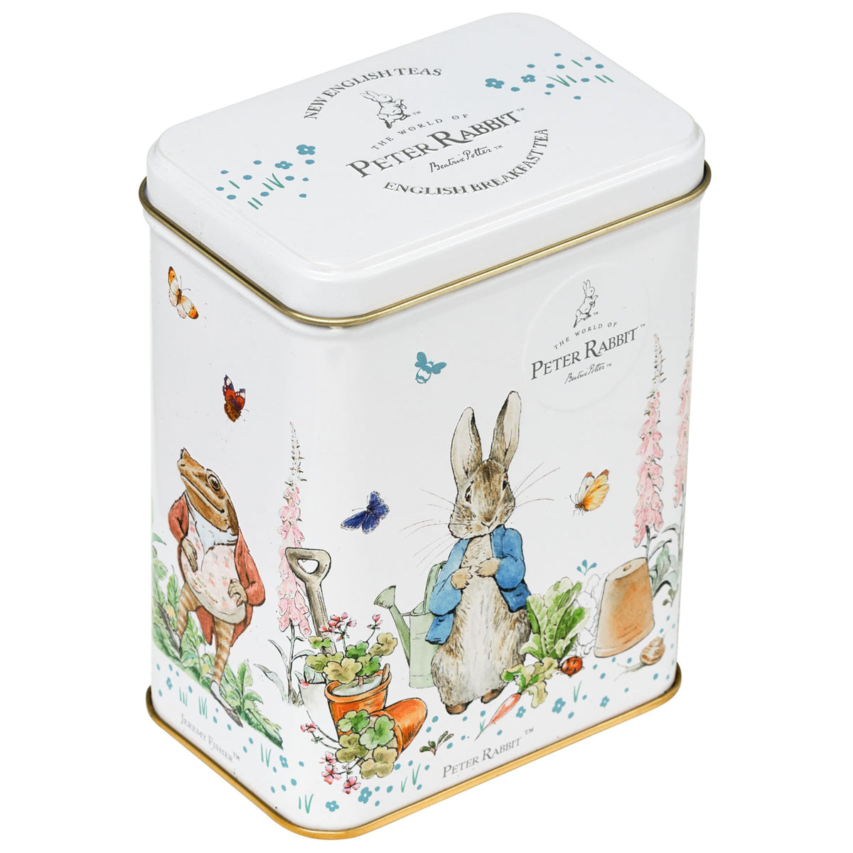 New English Teas Peter Rabbit Tea Tin with gold embossing highlights premium packaging.