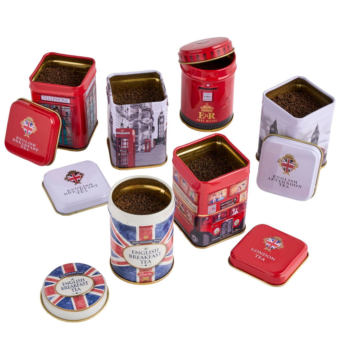 New English Teas post box tin, British charm that brightens any kitchen display.
