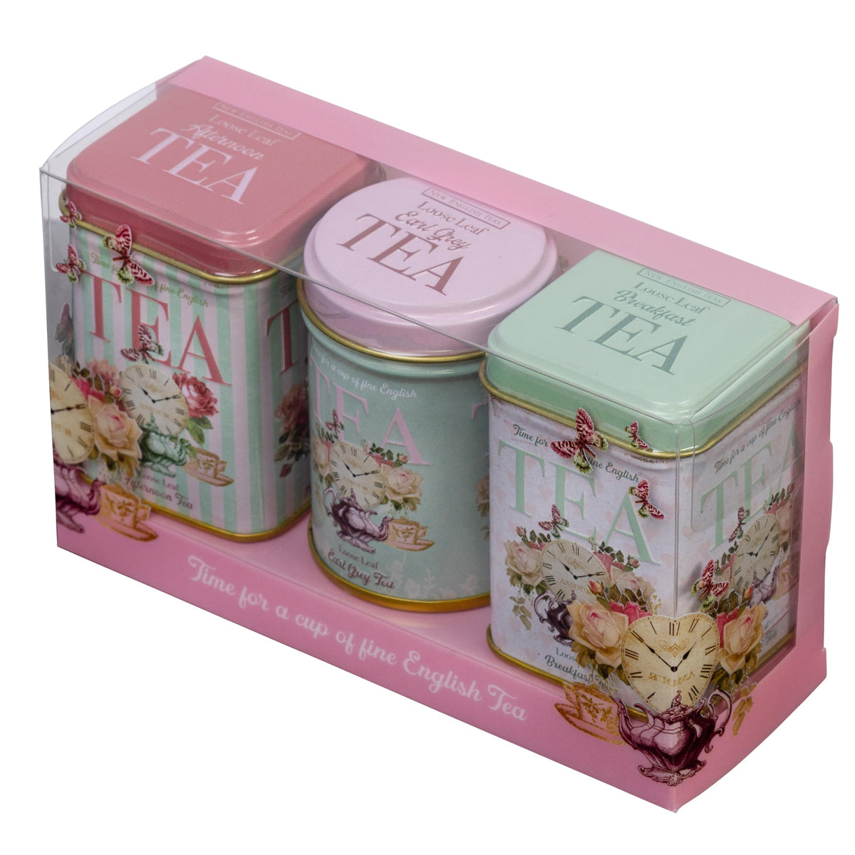 New English Teas vintage tea tin lid open highlighting tidy loose tea organization