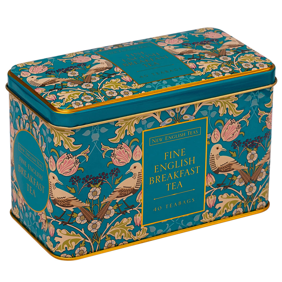 New English Teas Song Thrush Berries tin featuring birds for charming storage