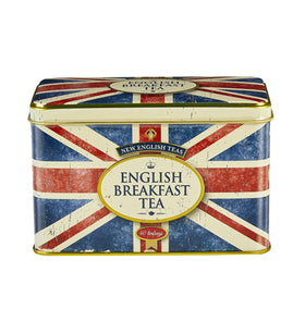 New English Teas Union Jack tea tin front view showing compact design and patriotic flair