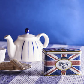 New English Teas Union Jack tea tin side view highlighting sturdy construction