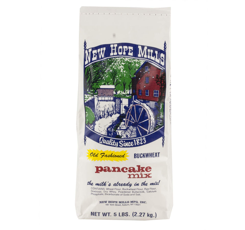 New Hope Mills Buckwheat Pancake Mix packaging on shelf, convenient and easy to store.