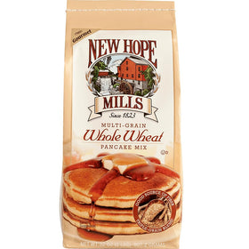New Hope Mills multigrain pancake mix packaging highlights 32 oz bag for easy breakfast prep.