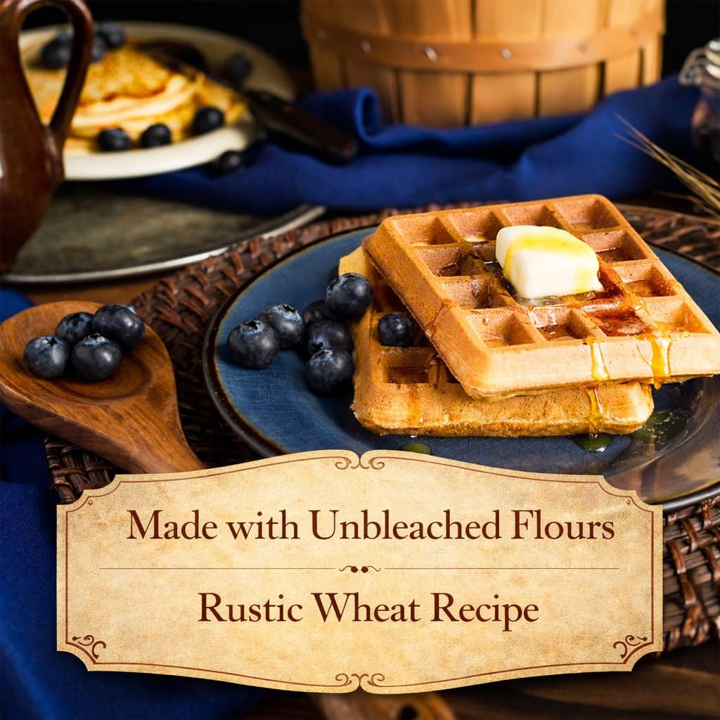 New Hope Mills sourdough waffles warm with maple syrup for a comforting breakfast.