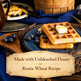 New Hope Mills sourdough waffles warm with maple syrup for a comforting breakfast.