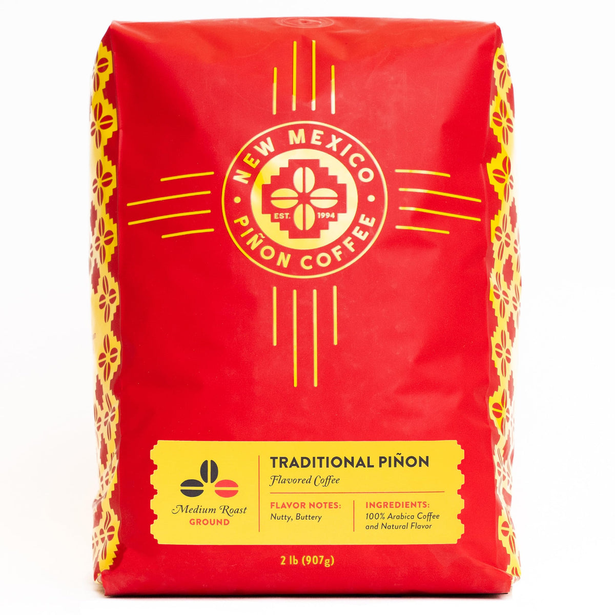 New Mexico Pinon Coffee bag front showcases authentic pinon flavor for a comforting morning ritual.